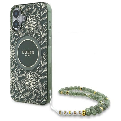 Husa Guess IML Flowers Allover Electro cu Pearl Curea Magsafe pentru iPhone 16 - Verde
