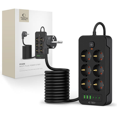 Cablu Tech-protect Pc6x6 Power Strip 6 Sockets 240V + 3xUSB-A + 3xUSB-C 200cm - Negru