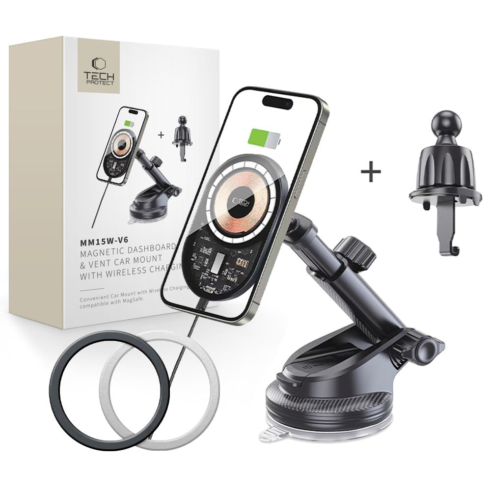 Incarcator auto Tech-protect Mm15w-v6 15W Suport cu Magsafe pentru Dashboard And Air Vent - Negru