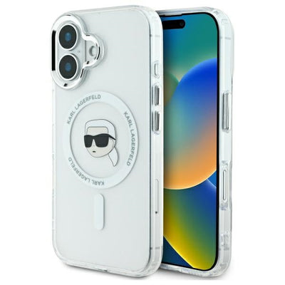 Husa Karl Lagerfeld IML Metal Karl Head Magsafe pentru iPhone 16 Plus - Alb