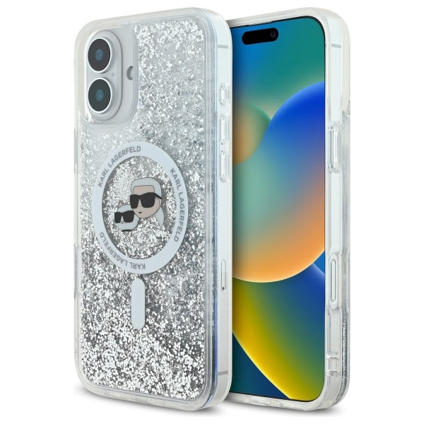 Husa Karl Lagerfeld Liquid Glitter Karl & Choupette Head Magsafe iPhone 16 Plus - Transparent