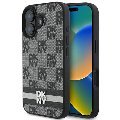 Husa Dkny Checkered Pattern & Printed Stripes iPhone 16 - Negru