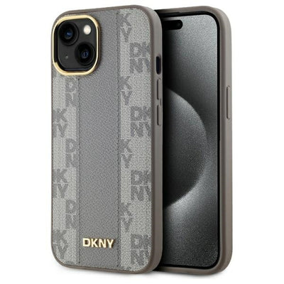 Husa Dkny Leather Checkered Mono Pattern Magsafe iPhone 15 Plus - Bej