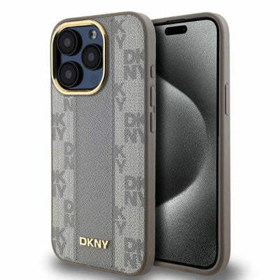 Husa Dkny Leather Checkered Mono Pattern Magsafe iPhone 15 Pro Max - Bej