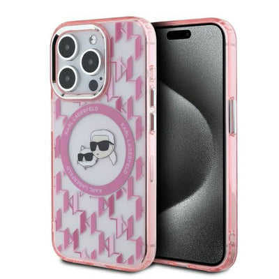 Husa Karl Lagerfeld IML Monogram Karl & Choupette Head Magsafe iPhone 15 Pro - Roz
