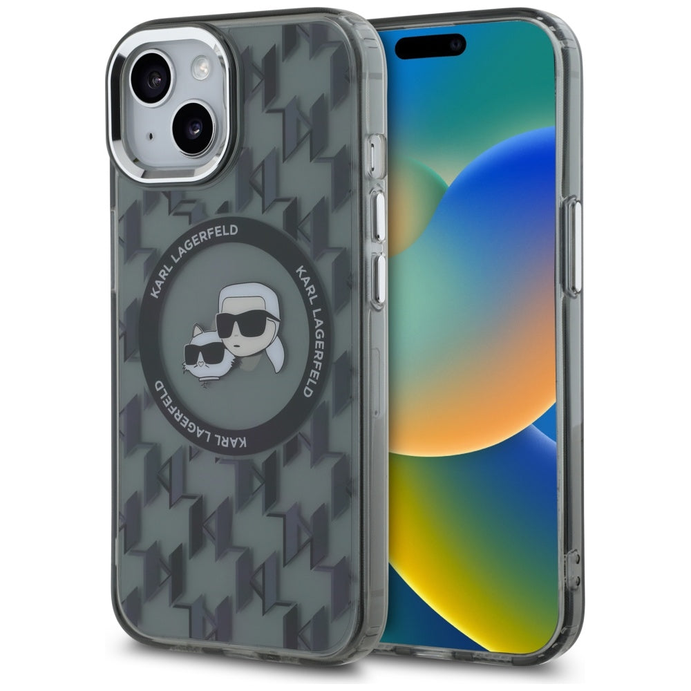 Husa Karl Lagerfeld IML Monogram Karl & Choupette Head Magsafe iPhone 15 - Negru