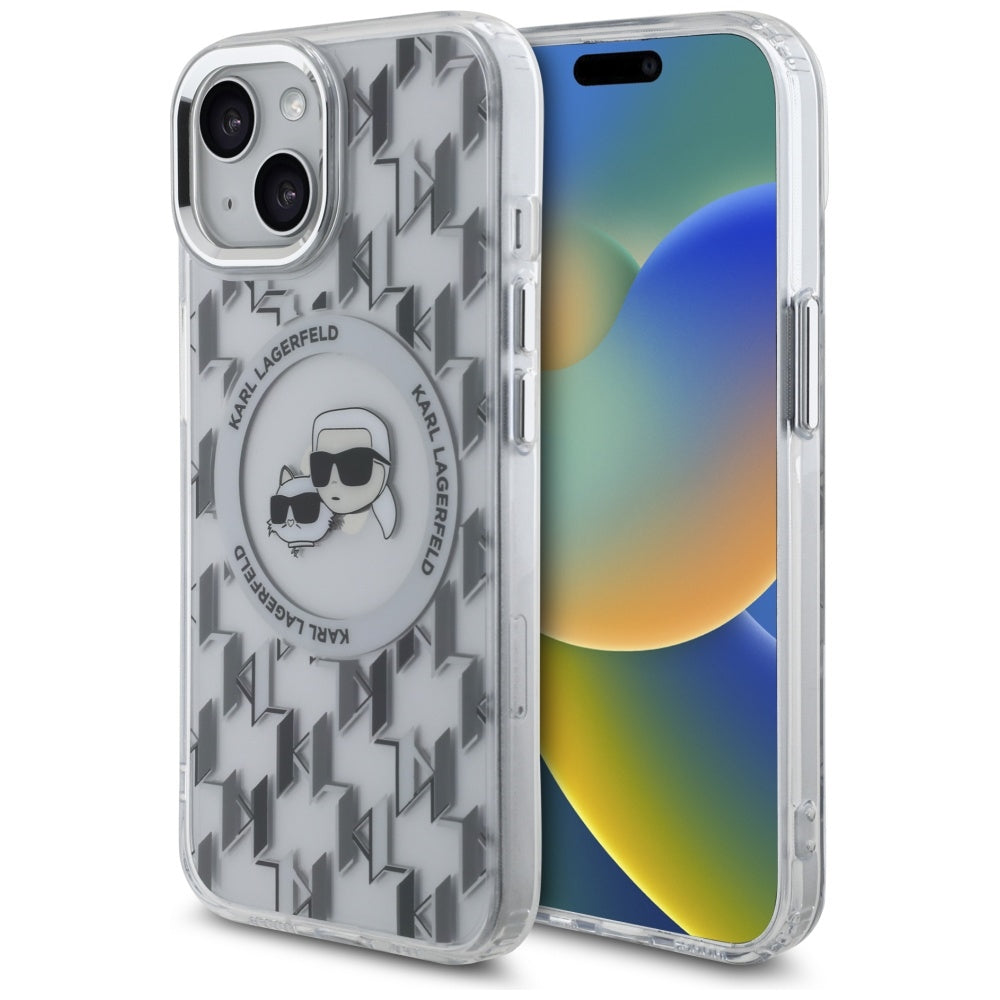 Husa Karl Lagerfeld IML Monogram Karl & Choupette Head Magsafe iPhone 15 - Transparent