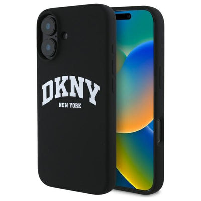 Husa Dkny Silicone Alb Printed Logo Magsafe iPhone 16 - Negru