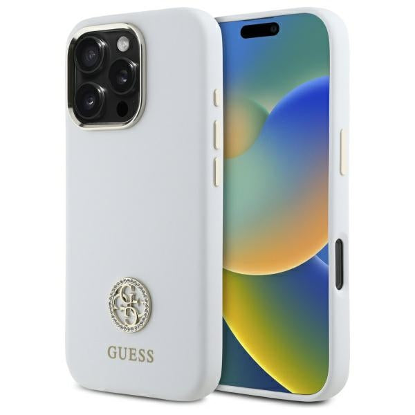 Husa Guess Silicone Logo Strass 4G pentru iPhone 16 Pro - Alb