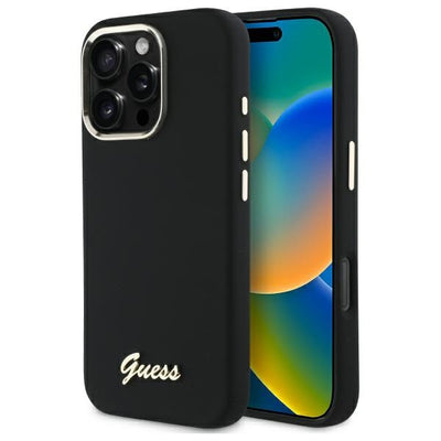 Husa Guess Silicone Script Metal Logo & Frame pentru iPhone 16 Pro - Negru