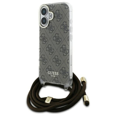 Husa Guess Crossbody Cord 4G Print cu Lanyard pentru iPhone 16 - Maro