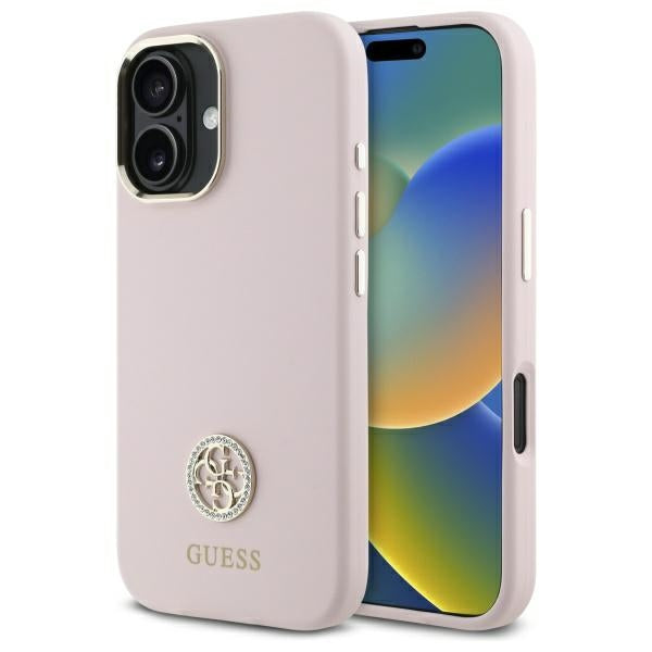 Husa Guess Silicone Logo Strass 4G pentru iPhone 16 - Roz deschis