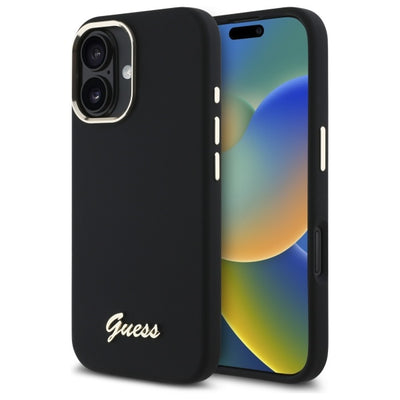 Husa Guess Silicone Script Metal Logo & Frame pentru iPhone 16 - Negru