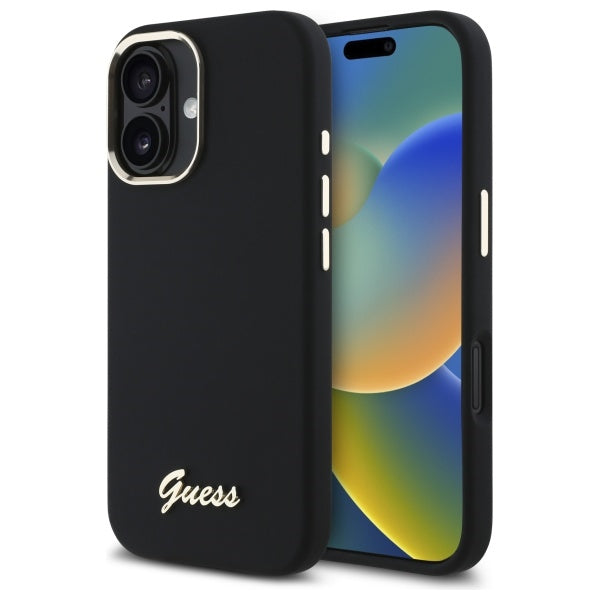 Husa Guess Silicone Script Metal Logo & Frame pentru iPhone 16 - Negru