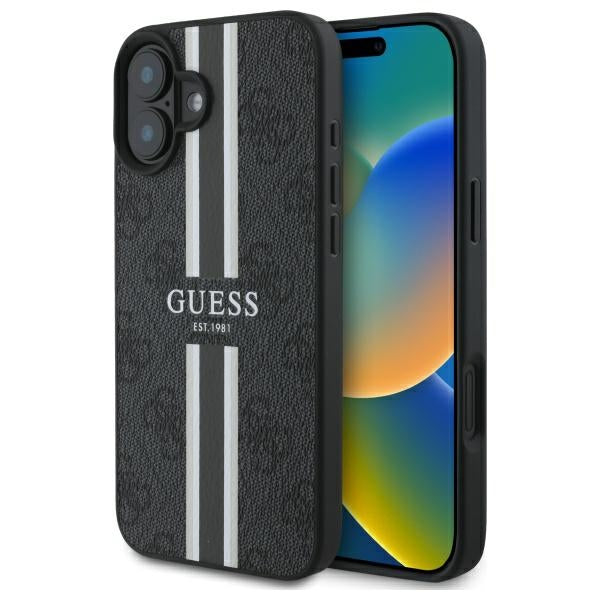Husa Guess 4G Printed Stripes Magsafe pentru iPhone 16 - Negru