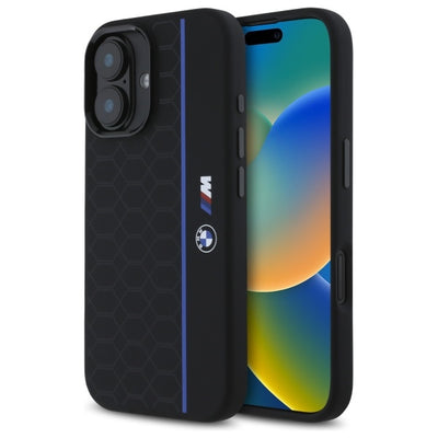 Husa BMW Silicone Hexagon Albastru Line Magsafe iPhone 16 - Negru