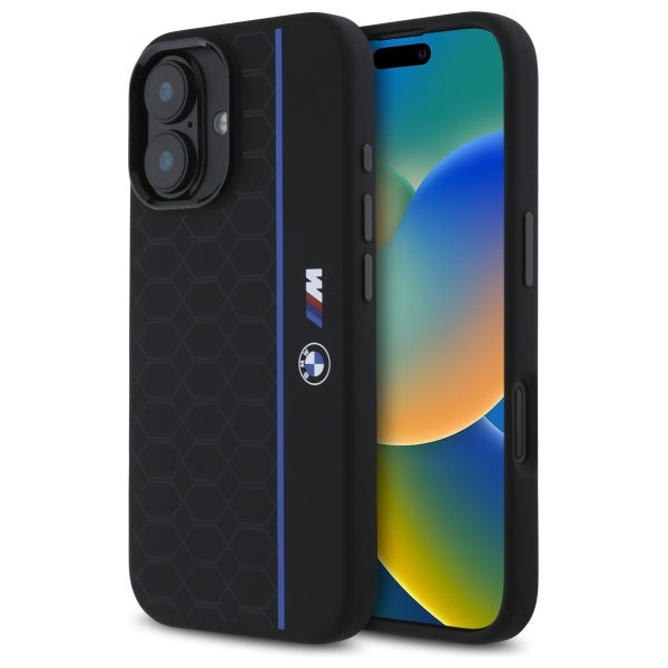 Husa BMW Silicone Hexagon Albastru Line Magsafe iPhone 16 - Negru
