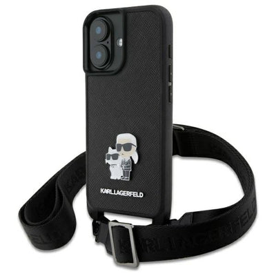 Husa Karl Lagerfeld Saffiano Karl&Choupette Metal Pin Cbdy Curea iPhone 16 - Negru