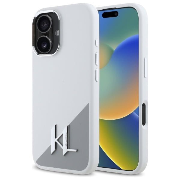 Husa Karl Lagerfeld Silicone Initial Metal Logo Magsafe iPhone 16 - Alb