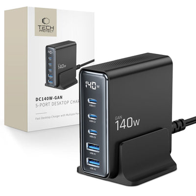 Incarcator priza Tech-protect Dc140w-gan 5-PORT Pd140w/Qc3.0 Charging Station - Negru