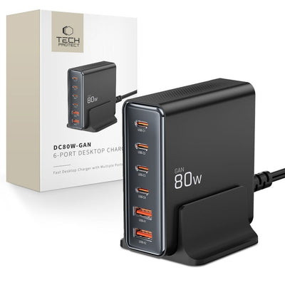 Incarcator priza Tech-protect Dc80w-gan 6-PORT Pd80w/Qc3.0 Charging Station - Negru