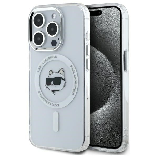 Husa Karl Lagerfeld IML Metal Choupette Head Magsafe iPhone 15 Pro - Alb