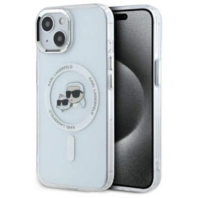 Husa Karl Lagerfeld IML Metal Karl&Choupette Head Magsafe iPhone 15 - Alb