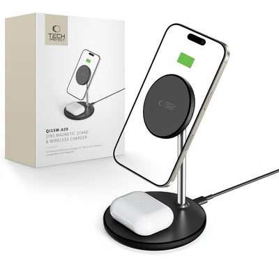 Incarcator priza Tech-protect Qi15w-a39 2in1 Magsafe Charging Station - Negru