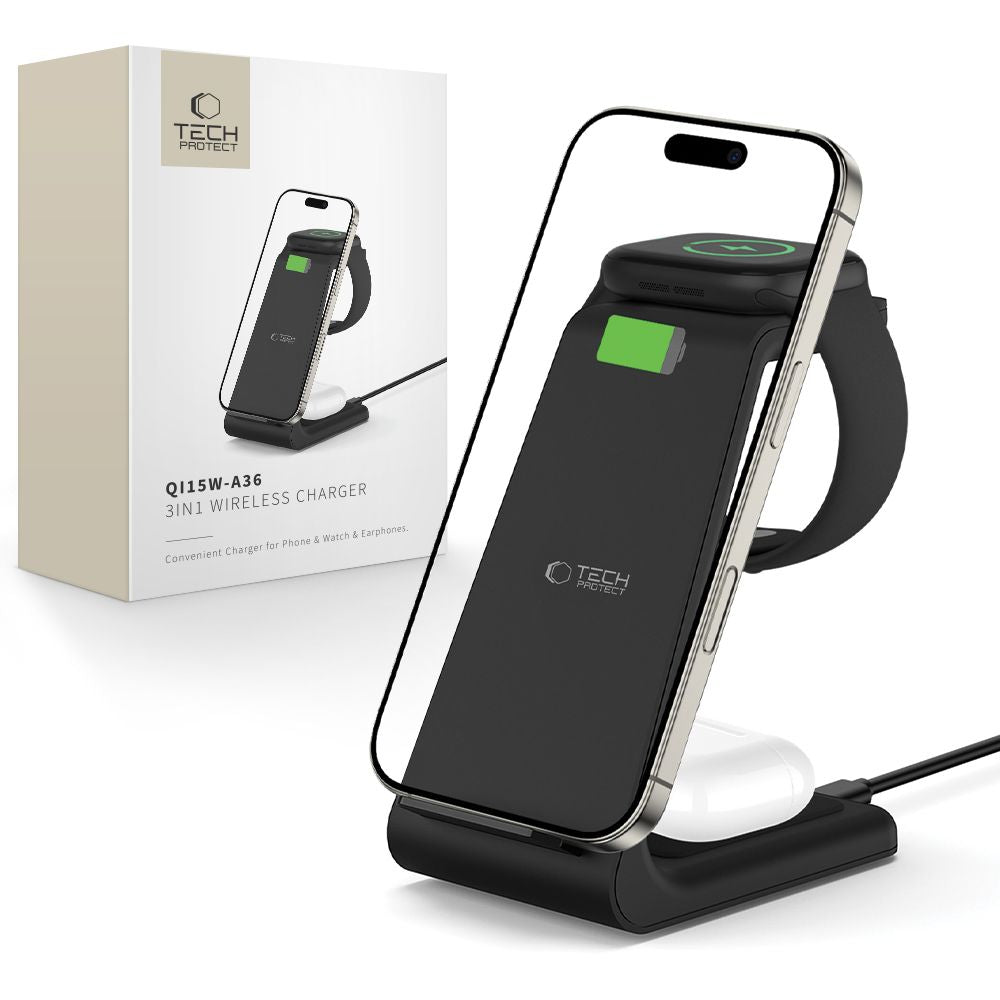 Incarcator priza Tech-protect Qi15w-a36 3in1 Charging Station pentru Apple - Negru
