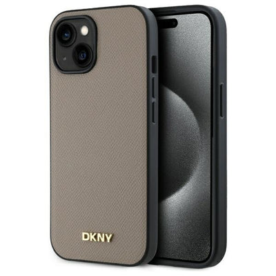 Husa Dkny Grained Metal Logo Magsafe iPhone 15 - Bej