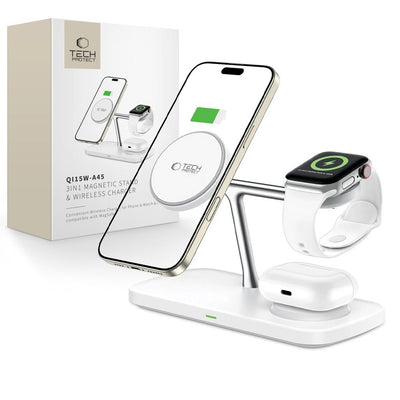 Incarcator wireless Tech-protect Qi15w-a45 3in1 cu Magsafe pentru Apple Devices - Alb