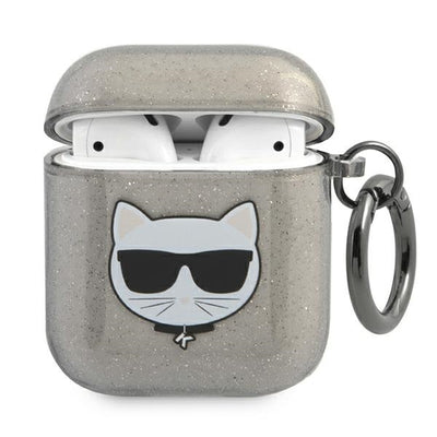 Husa Karl Lagerfeld AirPods 1/2 Cover Negru/Negru Glitter Choupette