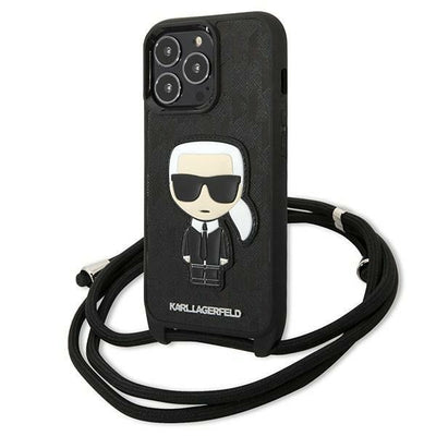 Husa Karl Lagerfeld Leather Monogram Patch And Cord Iconik pentru iPhone 13 Pro / 13 - Negru
