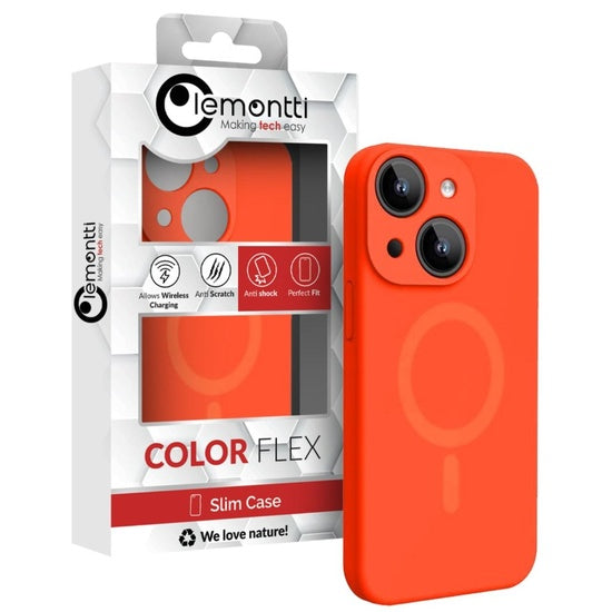 Lemontti Husa Liquid Silicon MagCharge iPhone 15 Portocaliu Neon (protectie 360°, material fin, captusit cu microfibra)