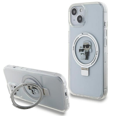 Suport auto Karl Lagerfeld iPhone 15 / 14 / 13 6.1" Alb/Alb Hardcase Ring Stand Karl&Choupette Magsafe