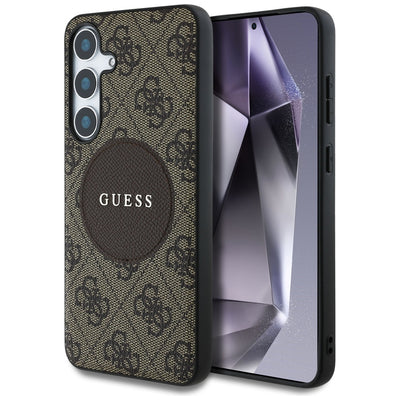 Husa Guess 4G Round Patch Classic Logo Magsafe pentru Samsung Galaxy S25 Plus Maro