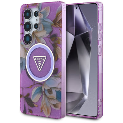 Husa Guess Glitter Flowers Triangle Buttons Magsafe pentru Samsung Galaxy S25 Ultra - Mov