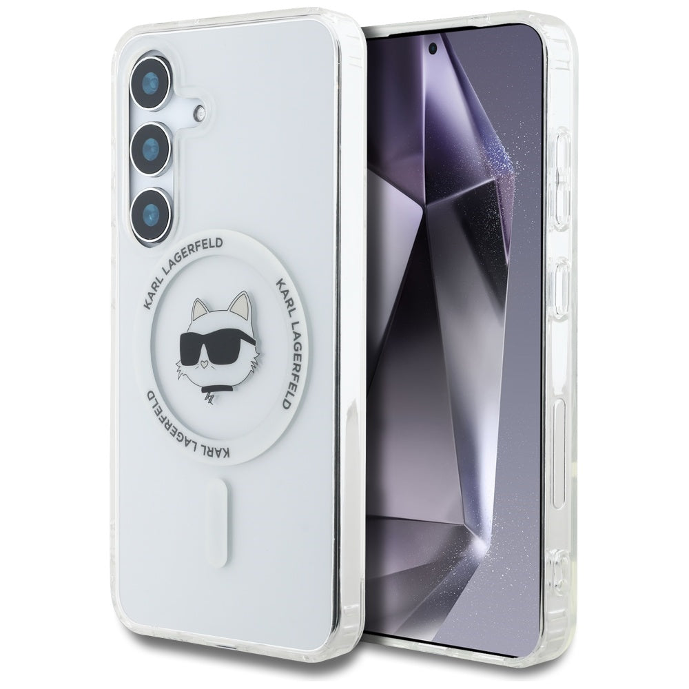 Husa Karl Lagerfeld Button Choupette Head Printed Logo Magsafe Samsung Galaxy S25 Plus Alb