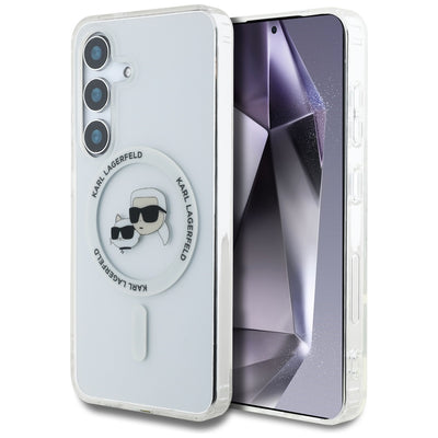 Husa Karl Lagerfeld Button Karl & Choupette Heads Printed Logo Magsafe Samsung Galaxy S25 Alb