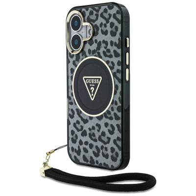 Husa Guess HC IML Leopard Triangle Cord Curea Magsafe pentru iPhone 16 - Negru