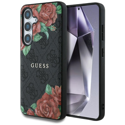 Husa Guess Leather 4G Flowers Print Metal Classic Logo Magsafe pentru Samsung Galaxy S25 - Negru