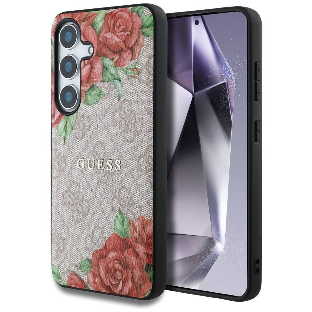 Husa Guess Leather 4G Flowers Print Metal Classic Logo Magsafe pentru Samsung Galaxy S25 - Roz