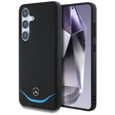 Husa Mercedes Leather Contrasted Albastru Horizontal Curve Magsafe pentru Samsung Galaxy S25 - Negru