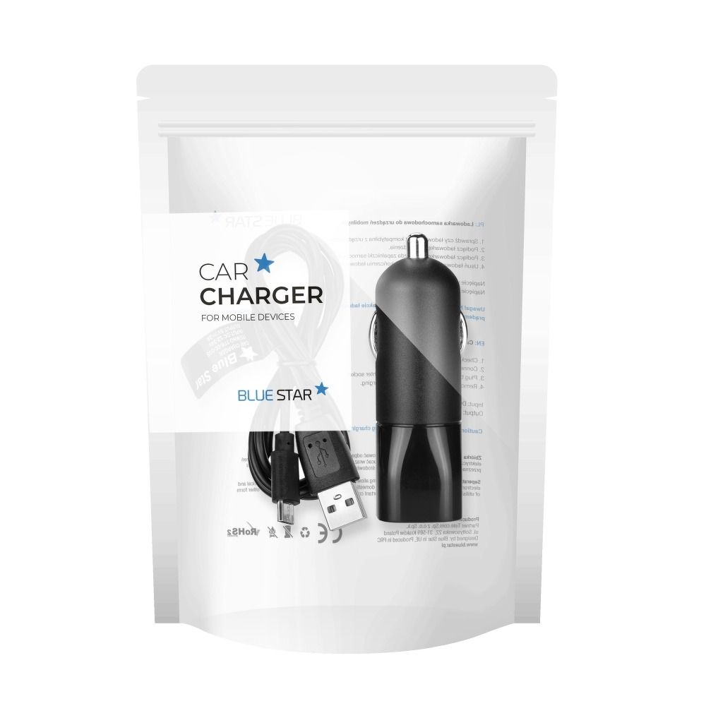 Cablu Albastru Star Incarcator auto USB A 2A + USB A To Micro USB Negru