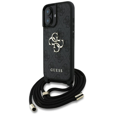 Husa Guess 4G Big Logo Cord Stap Crossbody pentru iPhone 16 Negru
