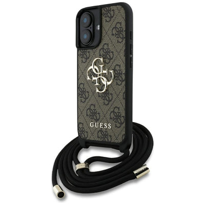 Husa Guess 4G Big Logo Cord Stap Crossbody pentru iPhone 16 Plus Maro