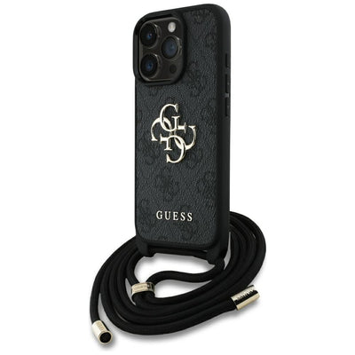 Husa Guess 4G Big Logo Cord Stap Crossbody pentru iPhone 16 Pro Max Negru