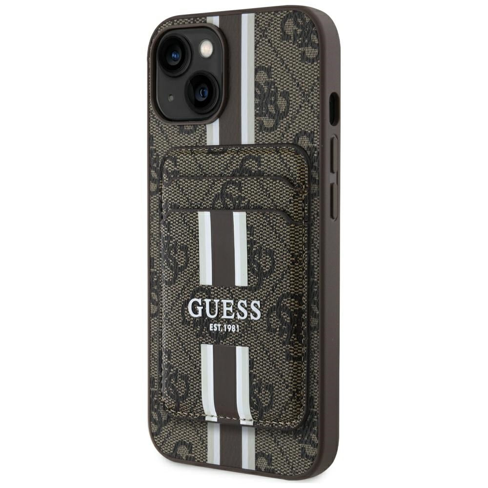 Husa Guess 4G Stripes cu Magsafe Wallet pentru iPhone 15 Maro