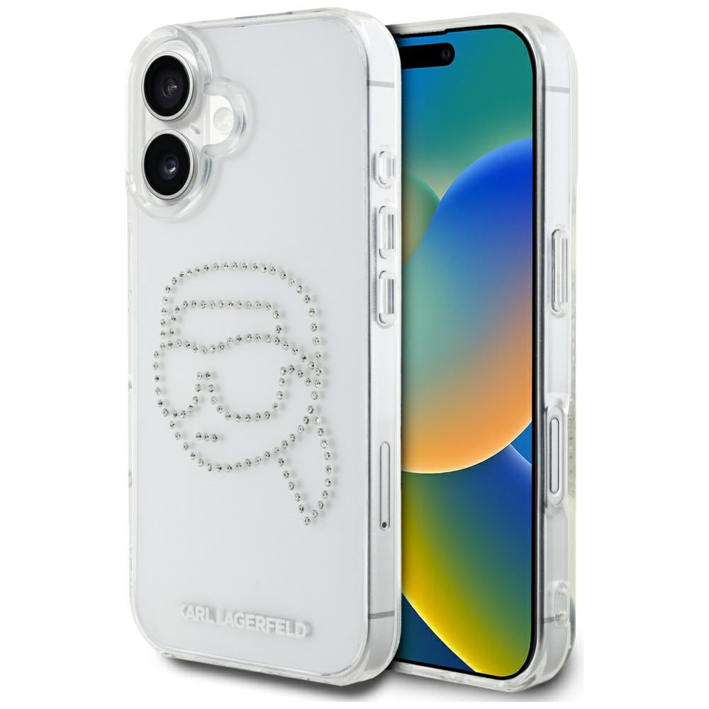 Husa Karl Lagerfeld IML Rhinestones Karl Head pentru iPhone 16 Transparent