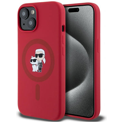 Husa Karl Lagerfeld Silicone Karl&Choupette Heads Ring Magsafe iPhone 15 - Rosu